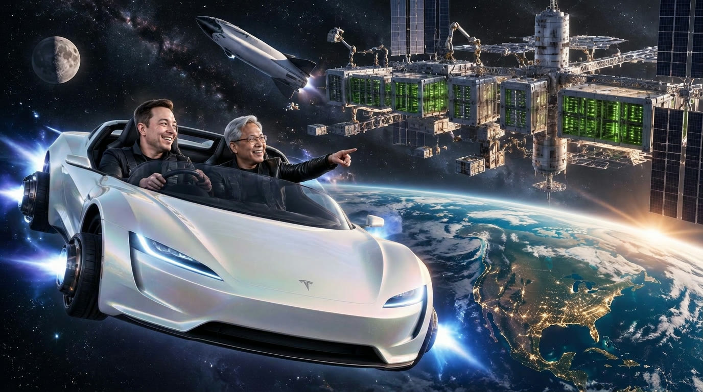 Concept artwork of Elon Musk driving a flying Tesla with Jensen Huang pointing toward an orbital AI data center