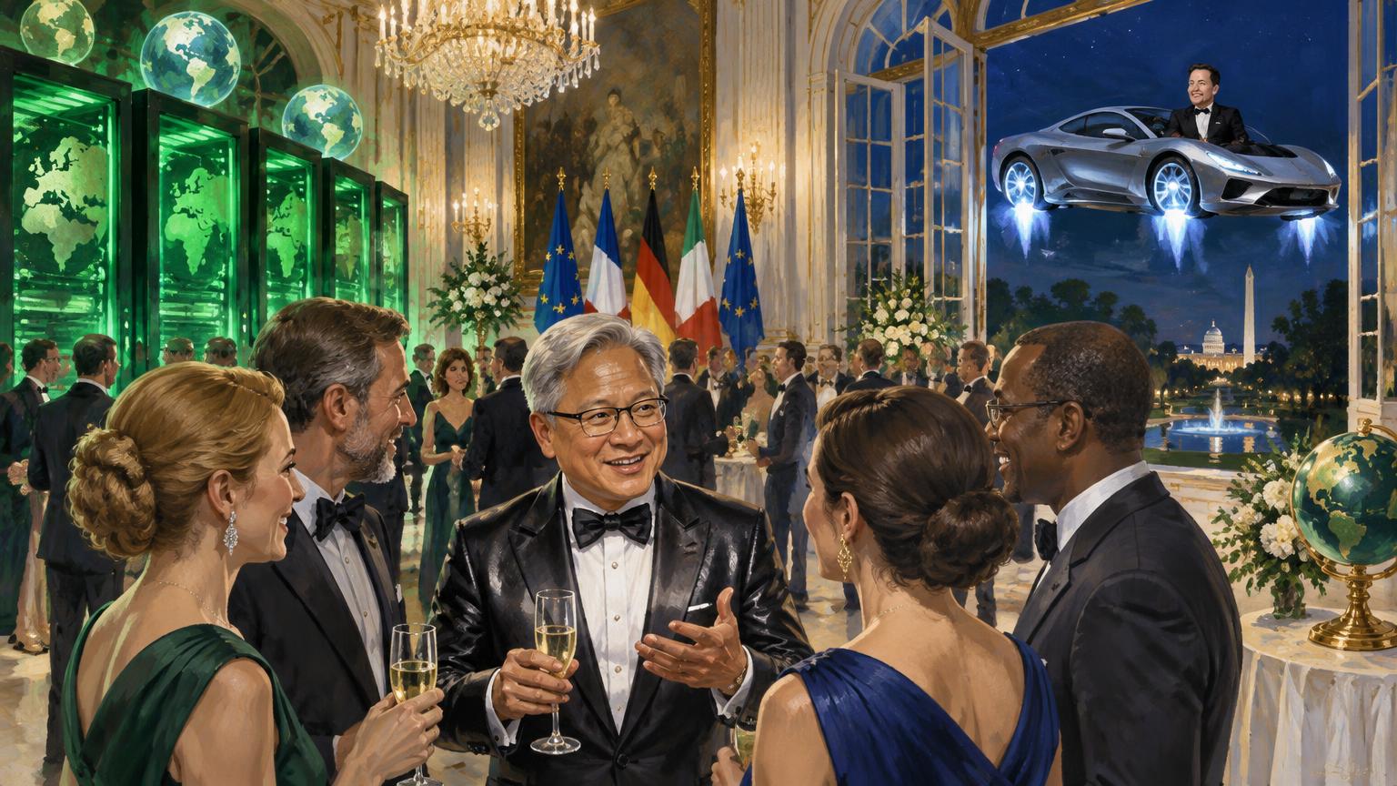 Imagined Jensen Huang leather-jacket-tux reception with AI servers and a hovering car