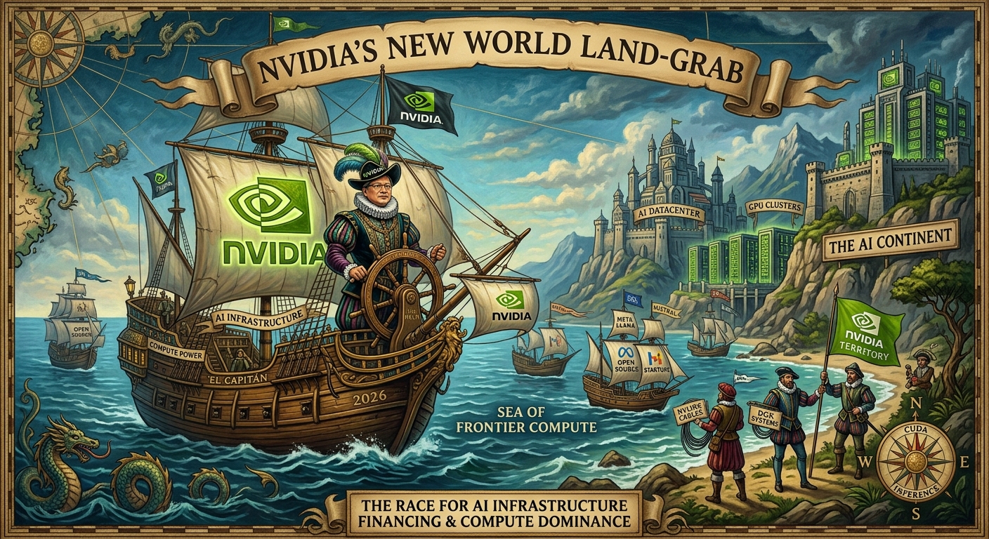 Illustrated map of NVIDIA’s colonial-style New World land-grab across AI infrastructure and open-source models