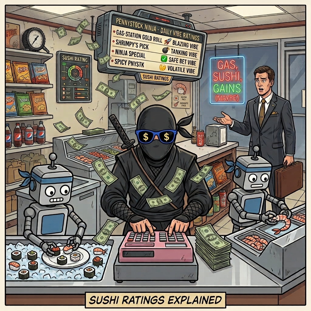 Ninja at a gas-station sushi counter with robots and flying cash — Sushi Ratings explained