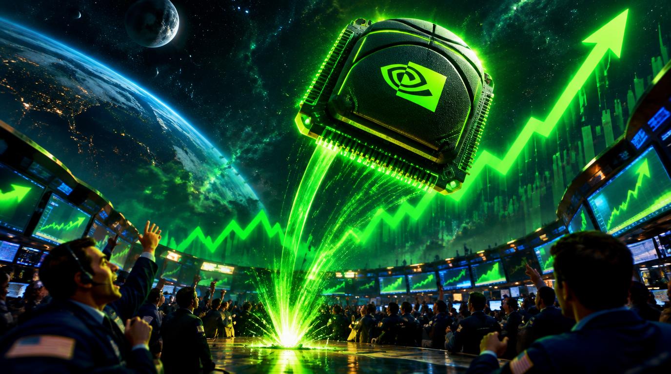 A glowing NVIDIA chip bouncing off a trading floor