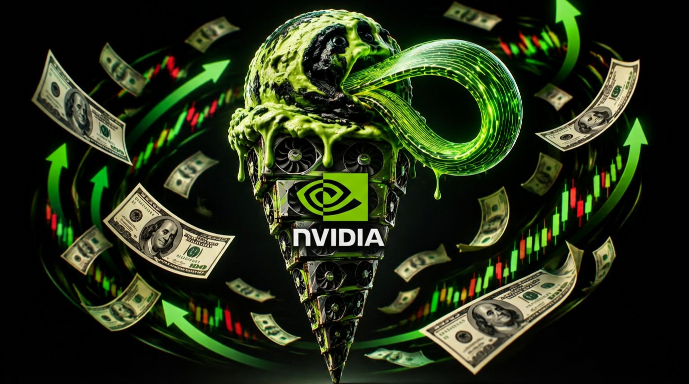 Ice cream cone of NVIDIA GPUs licking itself amid swirling cash